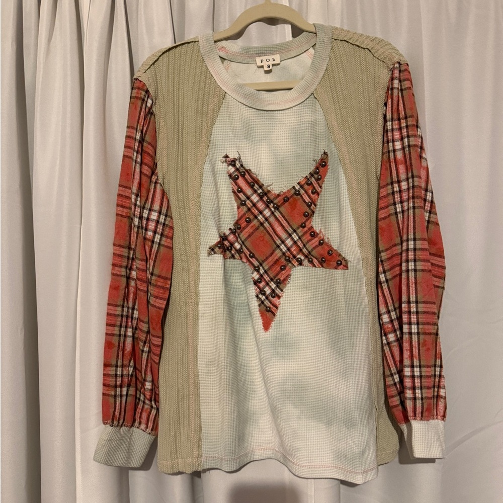 POL Plaid Star Long Sleeve Top - Red and Beige